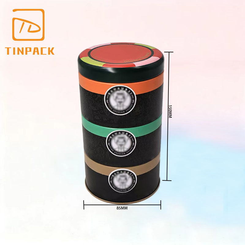 两层圆形可堆叠锡罐，用于包装调味咖啡；三层茶锡盒；四层可堆叠锡容器