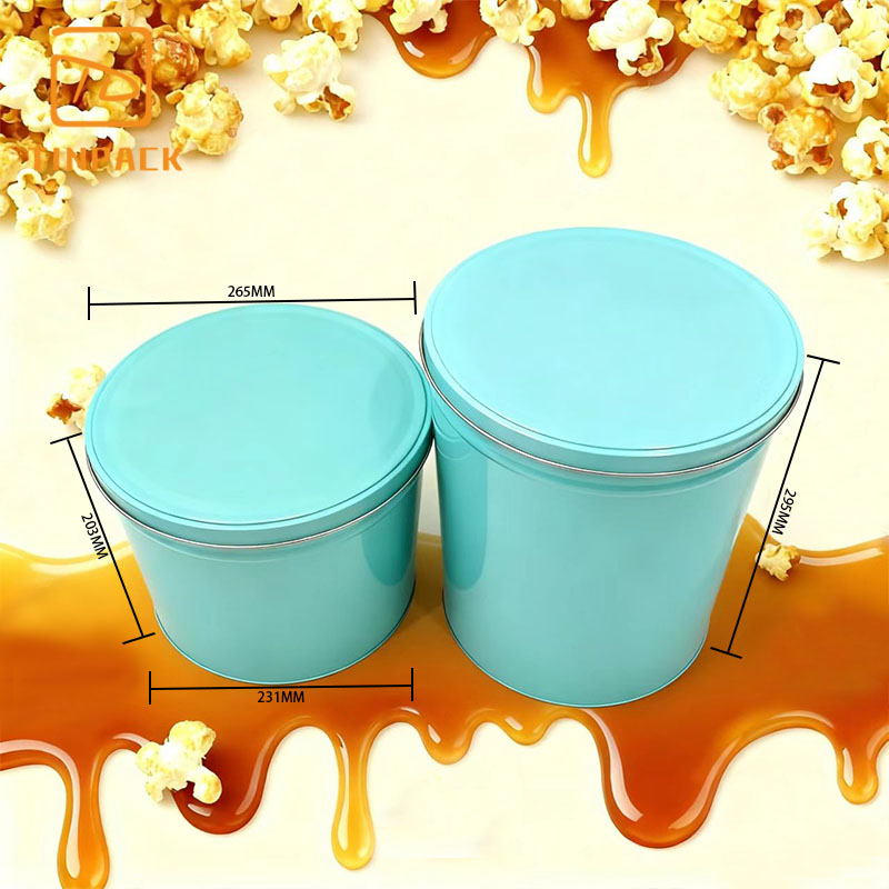 定制印刷2加仑圆形圣诞爆米花罐桶促销金属爆米花包装带盖锡